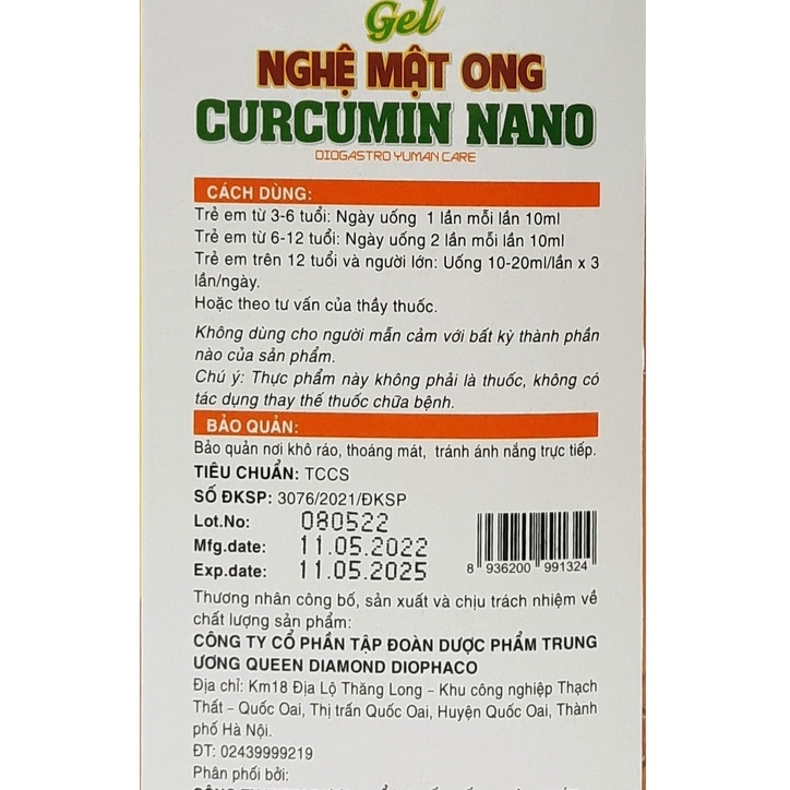 GEL NGHỆ MẬT ONG CURCUMIN NANO GIẢM VIÊN LOÉT DẠ DÀY, TÁ TRÀNG HỘP 20 GÓI - QUEEN DIAMOND DIOPHACO