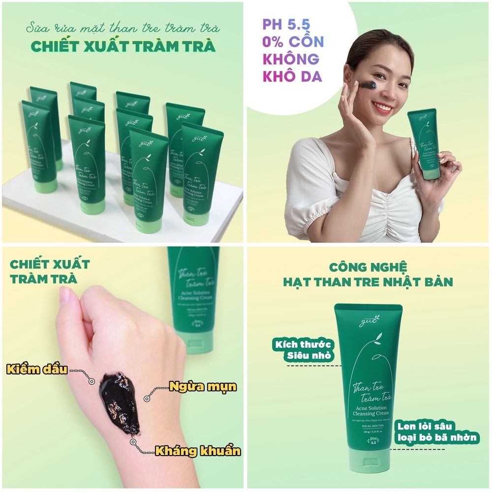 [100GR] SỮA RỬA MẶT THAN TRE TRÀM TRÀ KIỀM DẦU 8 TIẾNG, NGỪA MỤN, KHÔNG KHÔ DA - GUO