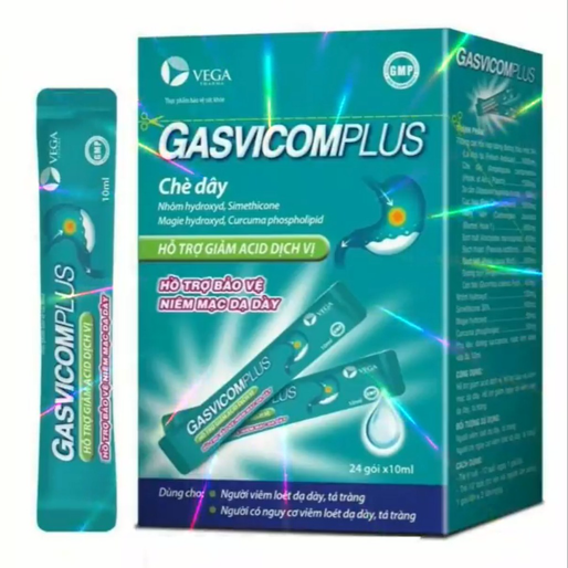GEL UỐNG HỖ TRỢ GIẢM ĐAU DẠ DÀY, TÁ TRÀNG, TRÀO NGƯỢC DẠ DÀY THỰC QUẢN HỘP 24 GÓI X 10ML GASVICOMPLUS - VEGA PHARMA