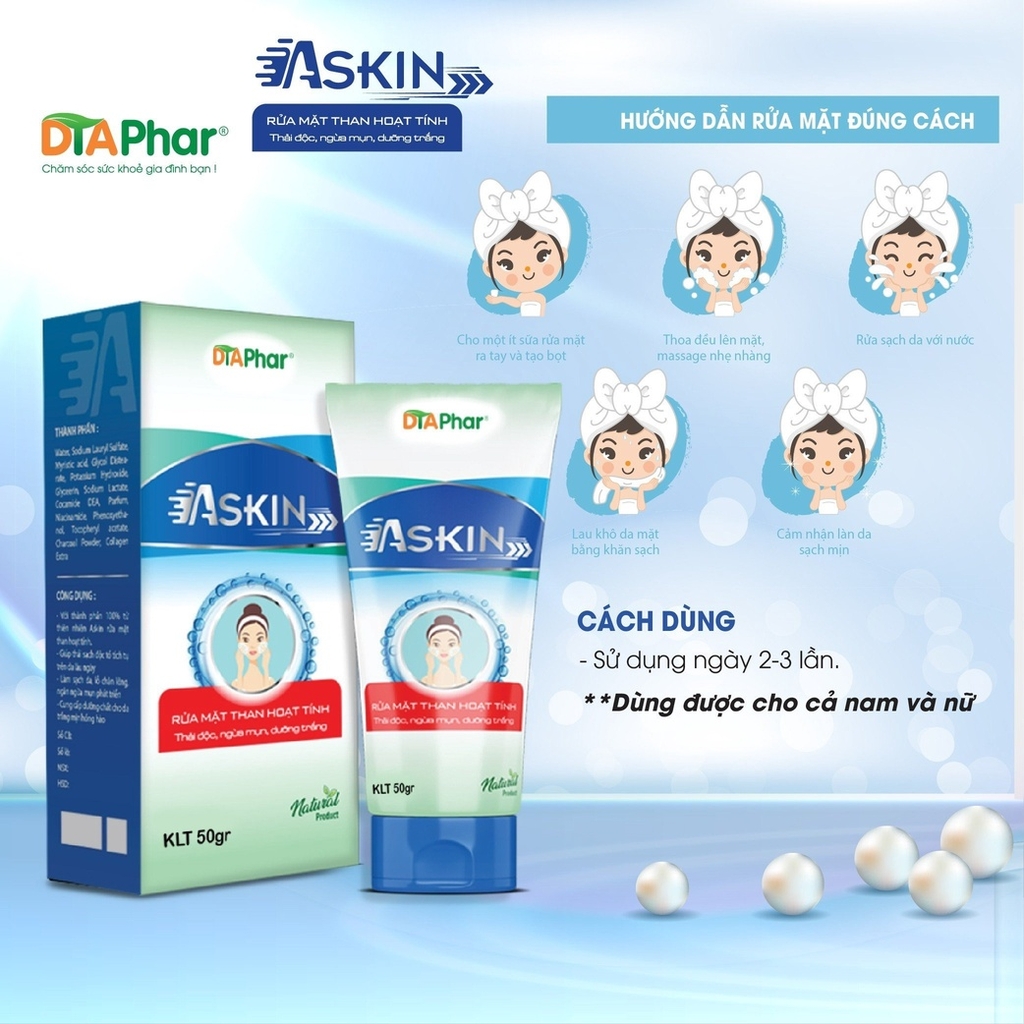 SỮA RỬA MẶT ASKIN HỖ TRỢ LÀM SẠCH DA LỖ CHÂN LÔNG NGĂN NGỪA MỤN PHÁT TRIỂN CUNG CẤP DƯỠNG CHẤT CHO DA TRẮNG MỊN HỒNG HÀO TUÝP 50GR