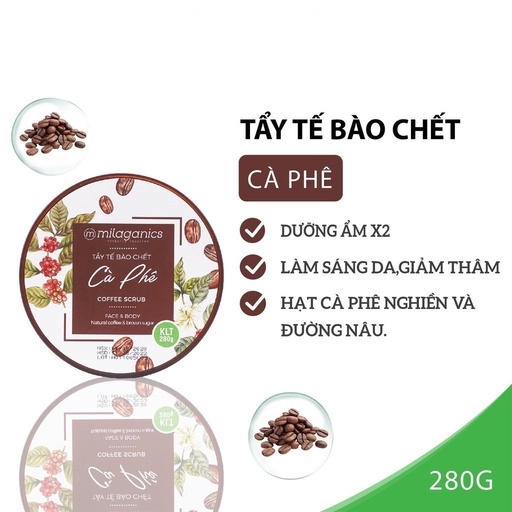 CPMBO 2 TẨY TẾ BÀO CHẾT BODY & MẶT SCRUB COFFEE WHITENING (280G/HŨ) - MILAGANICS