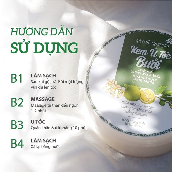 COMBO 2 KEM Ủ TÓC BƯỞI PHỤC HỒI TÓC HƯ TỔN, KÍCH THÍCH MỌC TÓC TỪ TINH DẦU BƯỞI NGUYÊN CHẤT 250G - MILAGANICS