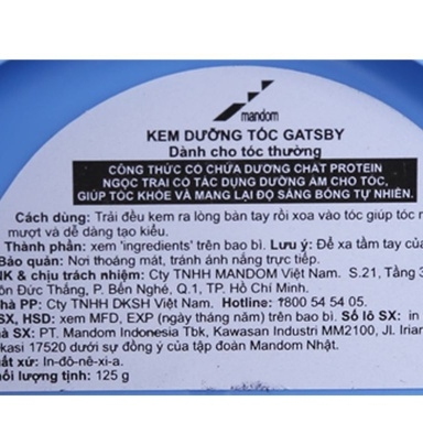 KEM DƯỠNG TÓC GTSBY DÁNH CHO TÓC THƯỜNG 125G -GDN