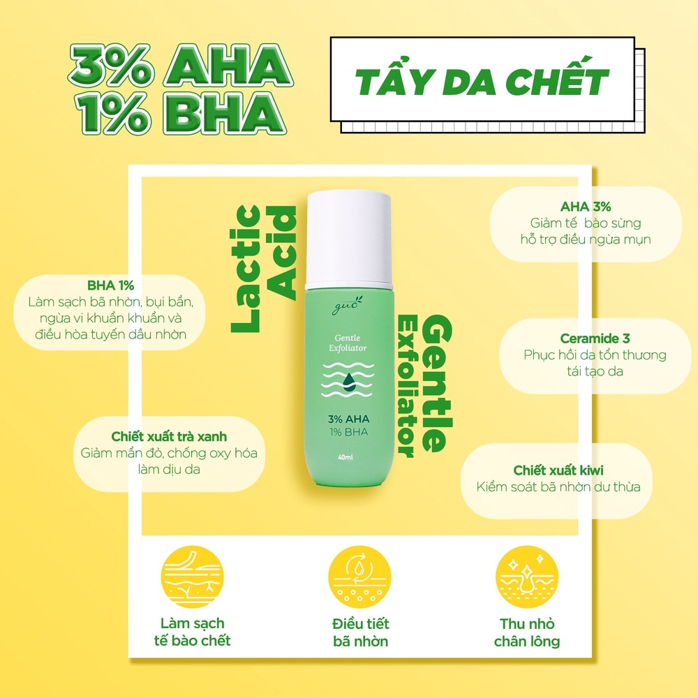 TẨY TẾ BÀO CHẾT AHA 3% & BHA 1%, GIẢM MỤN ĐẾN 98% AN TOÀN CHO DA NHẠY CẢM - GUO