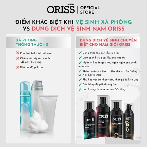 DUNG DỊCH VỆ SINH NAM DẠNG BỌT CAO CẤP HƯƠNG NƯỚC HOA ORISS 120ML GIÚP LÀM SẠCH - KHỬ MÙI - NGĂN NGỪA VI KHUẨN NẤM NGỨA