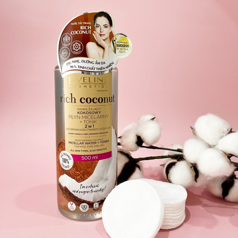 [ TẶNG 1 HỘP TĂM RĂNG ] NƯỚC TẨY TRANG RICH COCONUT DƯỠNG ẨM TINH DẦU DỪA 2 TÁC ĐỘNG 500ML- EVELINE