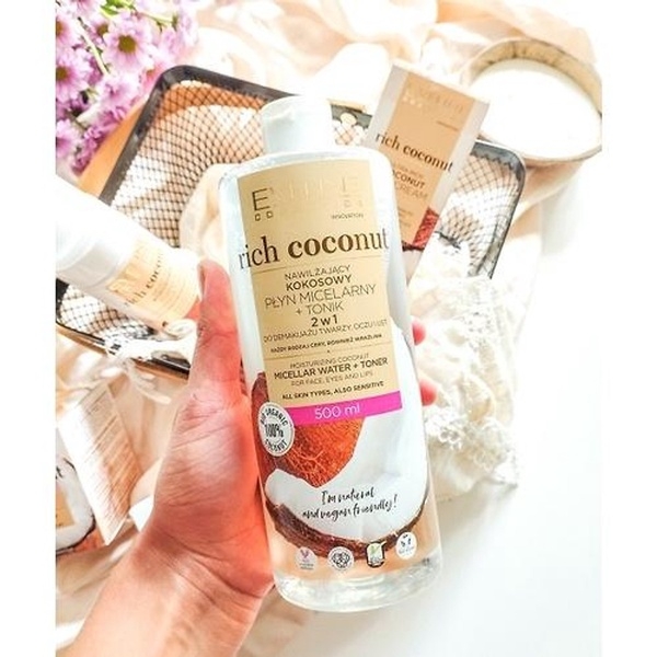 [ TẶNG 1 HỘP TĂM RĂNG ] NƯỚC TẨY TRANG RICH COCONUT DƯỠNG ẨM TINH DẦU DỪA 2 TÁC ĐỘNG 500ML- EVELINE