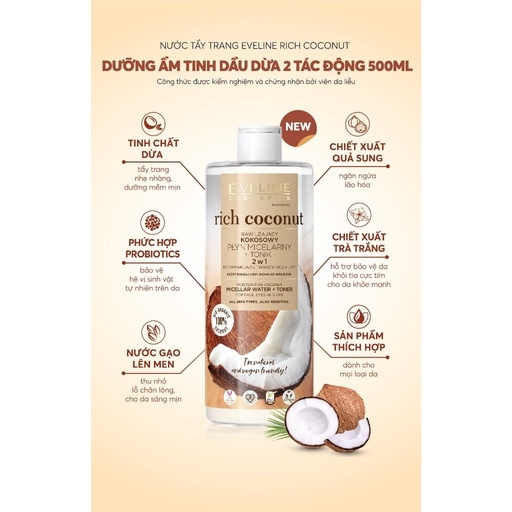 [ TẶNG 1 HỘP TĂM RĂNG ] NƯỚC TẨY TRANG RICH COCONUT DƯỠNG ẨM TINH DẦU DỪA 2 TÁC ĐỘNG 500ML- EVELINE