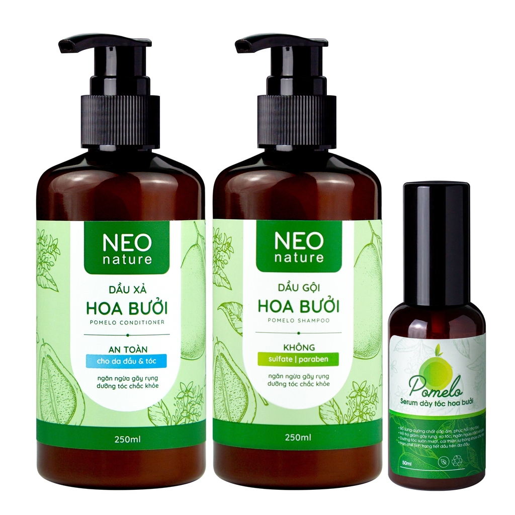 BỘ BA (GỘI + XẢ + SERUM) GIẢM RỤNG HỖ TRỢ MỌC TÓC GỒM DẦU GỘI HOA BƯỞI (250ML) & DẦU XẢ HOA BƯỞI NEO NATURE (250ML) & SERUM HOA BƯỞI 50ML- NEONATURE
