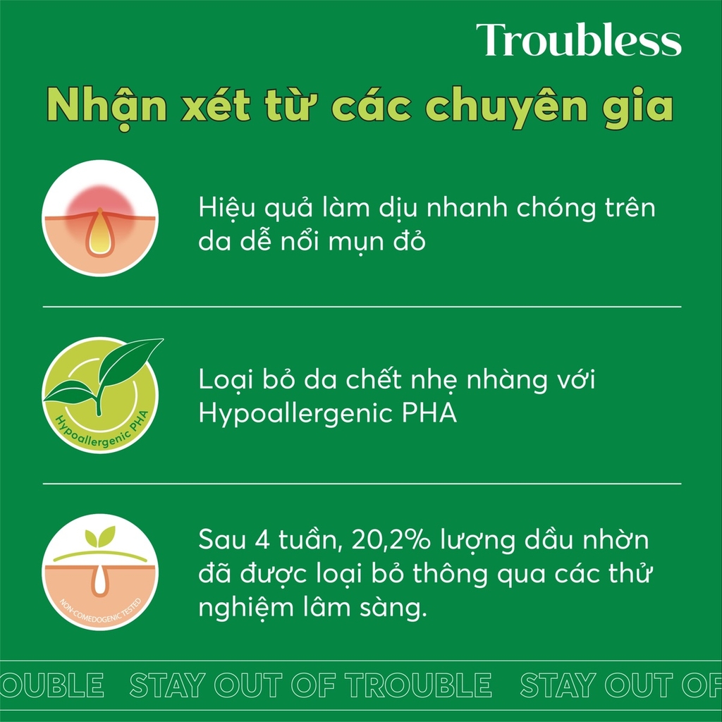 NƯỚC CÂN BẰNG TROUBLESS LÀM DỊU DA TẨY TẾ BÀO CHẾT, SÁNG DA, GIẢM MỤN 200ML