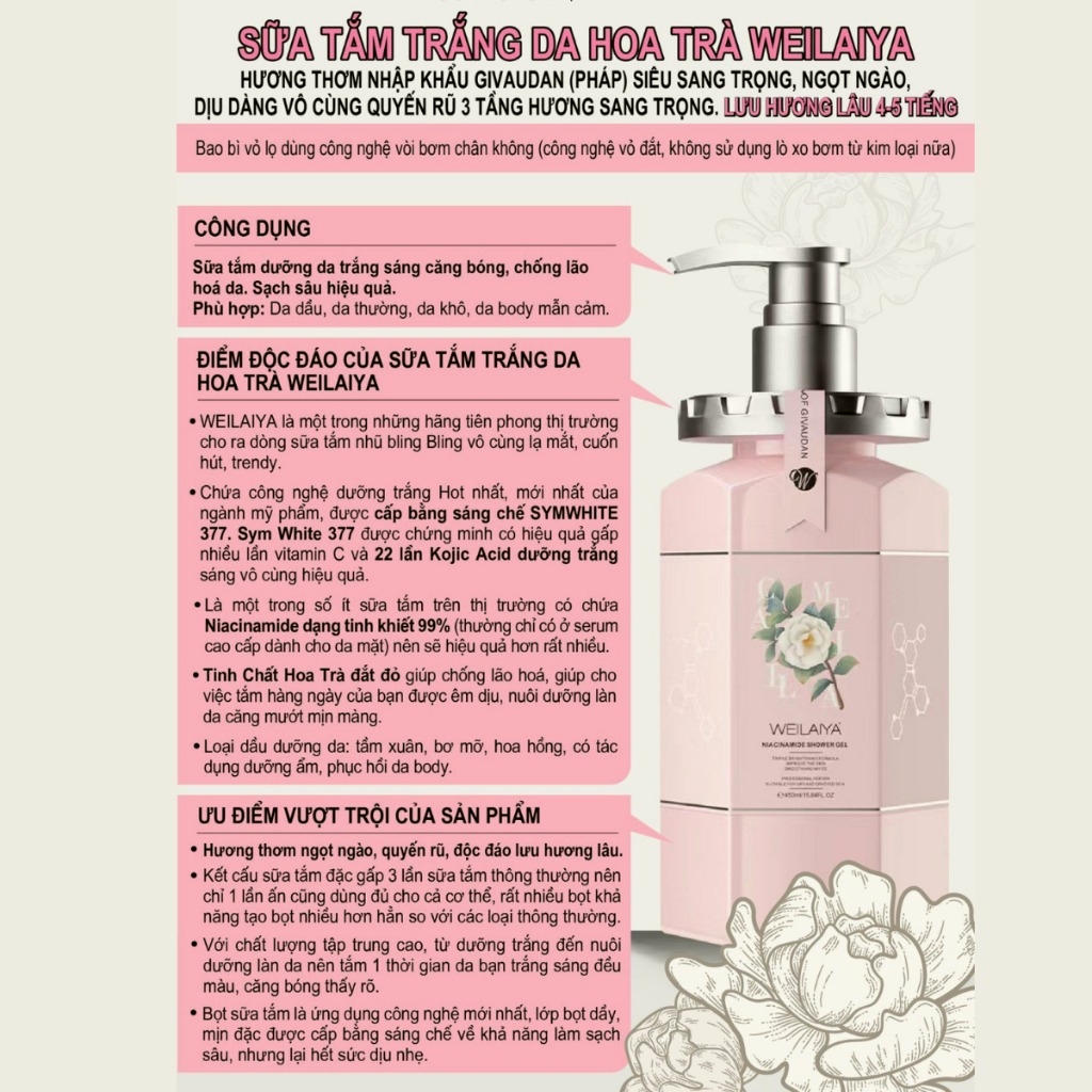 Sữa Tắm Trắng Da Hoa Trà Weilaiya Niacinamide Shower Ge-hàn