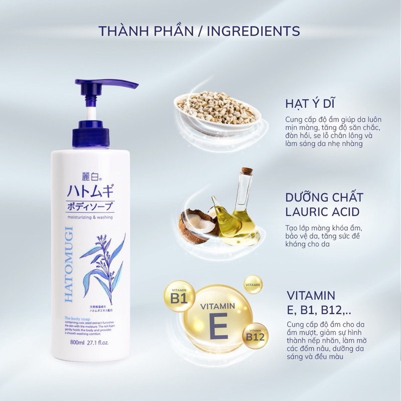 Sữa Tắm Dưỡng Ẩm, Trắng Da Chiết Xuất Hạt Ý Dĩ Hatomugi Moisturizing Washing 800ml-nhật