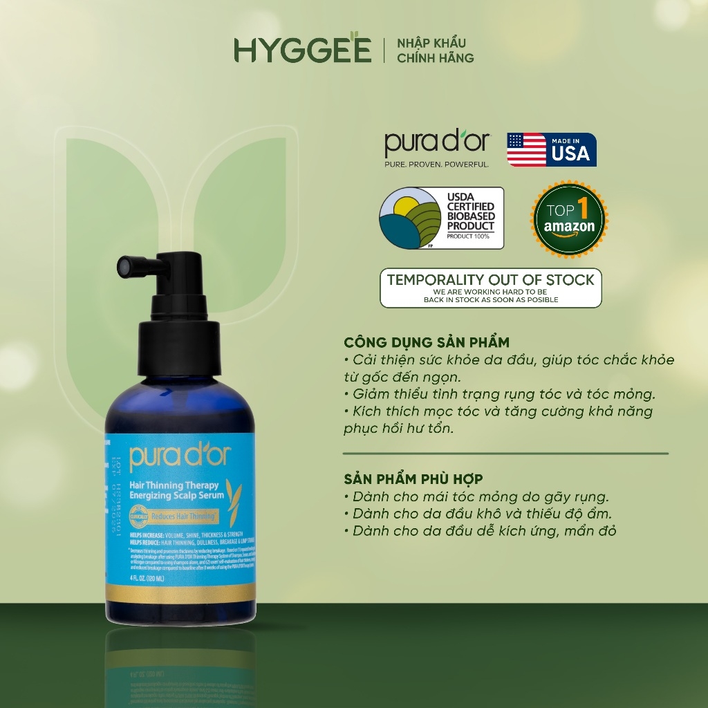 Tinh chất dưỡng tóc PURA D'OR Hair Thinning Therapy Energizing Scalp Serum organic, kích mọc tóc