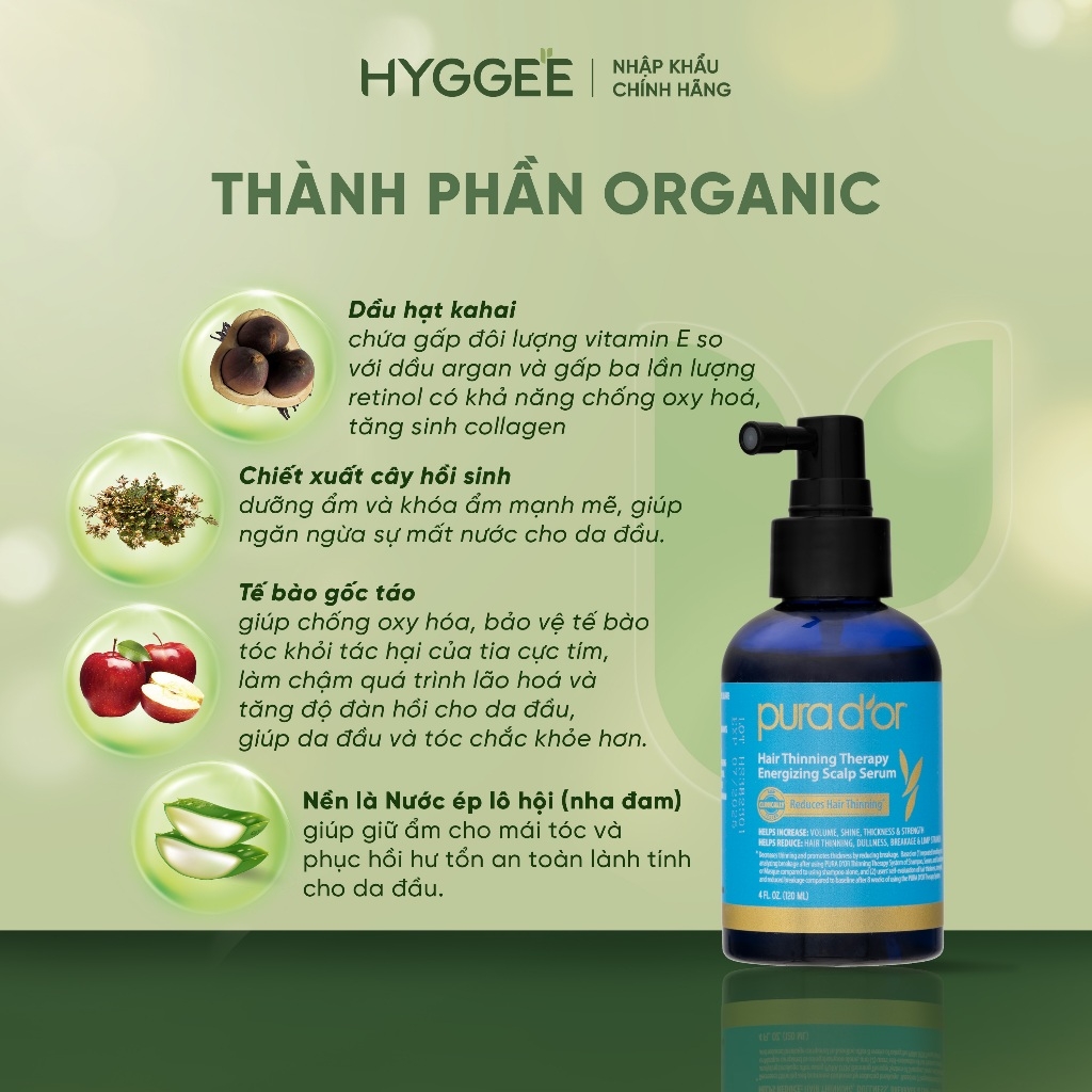 Tinh chất dưỡng tóc PURA D'OR Hair Thinning Therapy Energizing Scalp Serum organic, kích mọc tóc