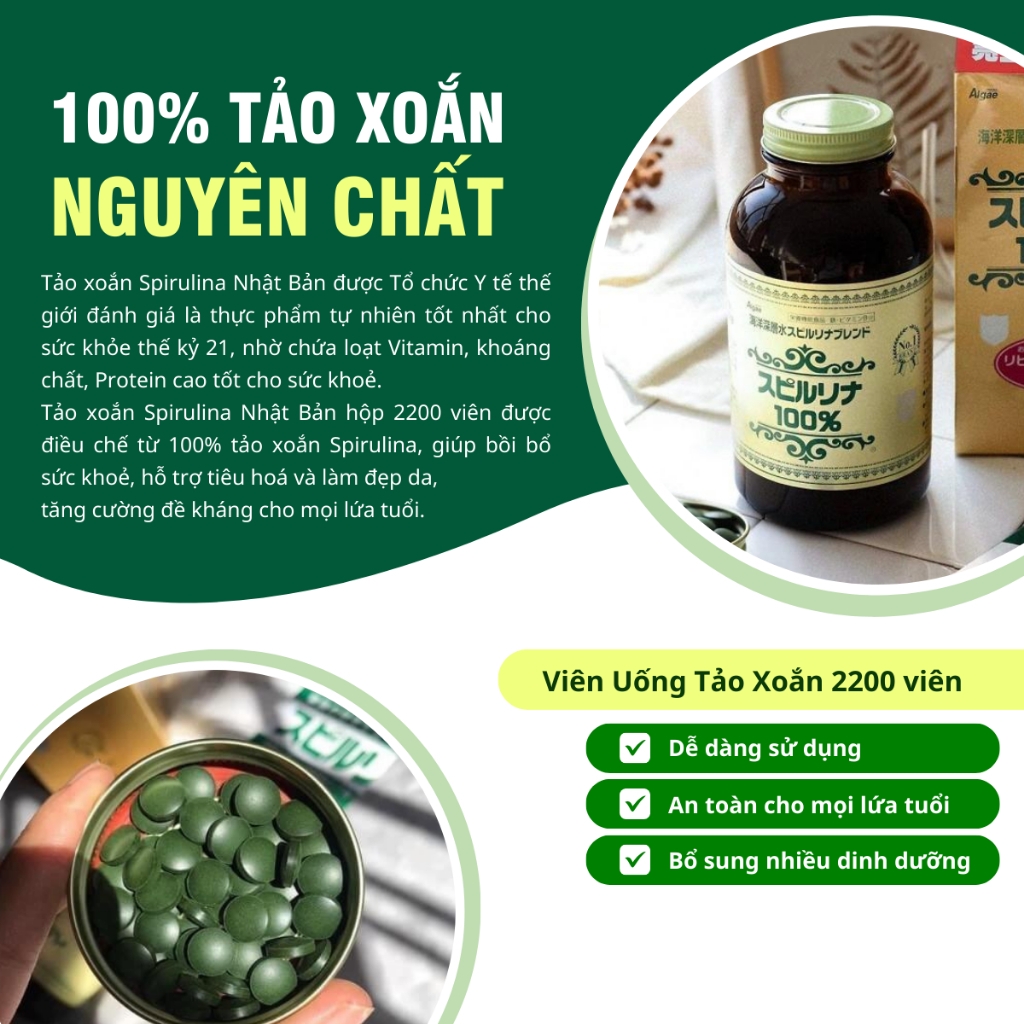 Viên uống tảo xoắn Nhật - Hộp 2200 viên