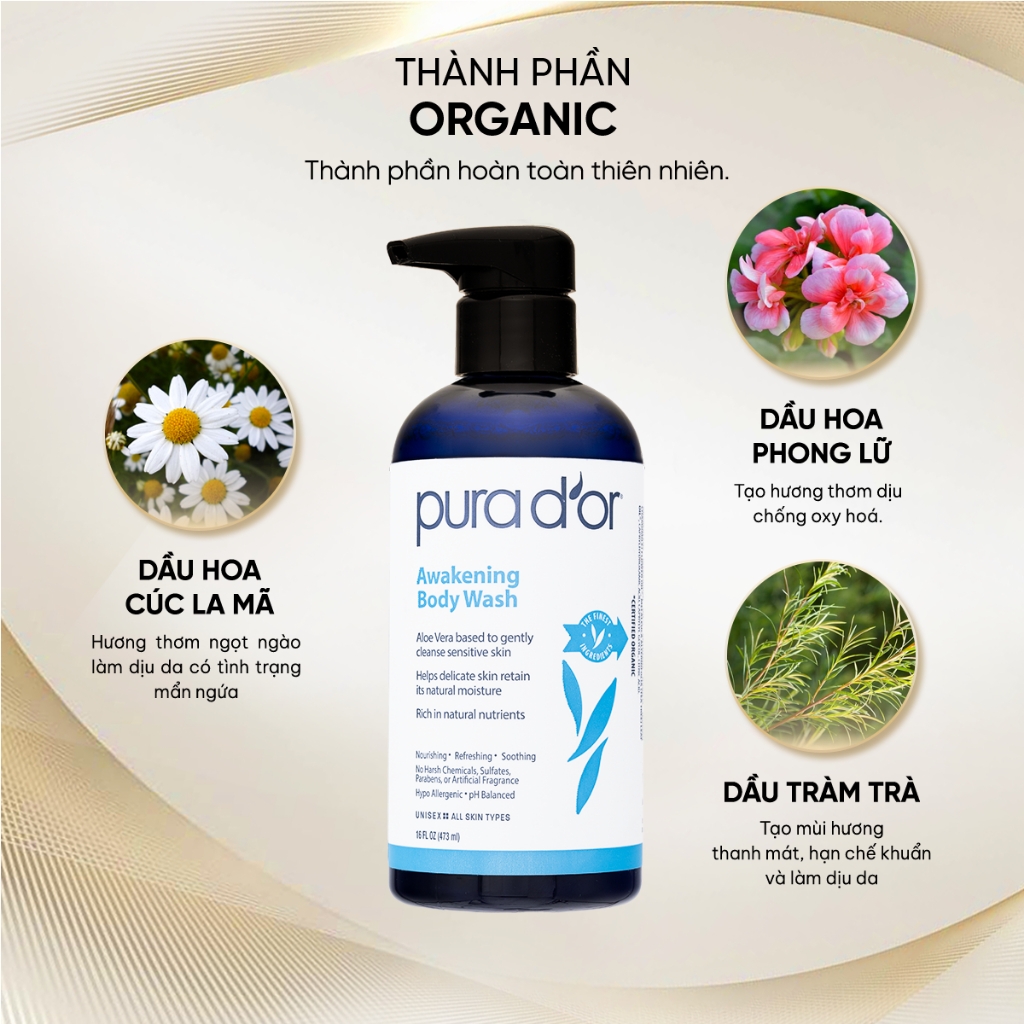 Sữa Tắm PURA DOR Awakening Body Wash 473ML - Sữa Tắm Organic Dưỡng Ẩm Cao Cấp Cho Mọi Loại Da-mỹ