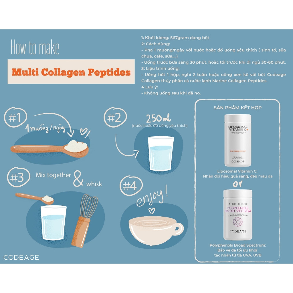 Collagen tổng hợp giúp trẻ hóa da Codeage Hydrolyzed Multi Collagen Peptides 567g