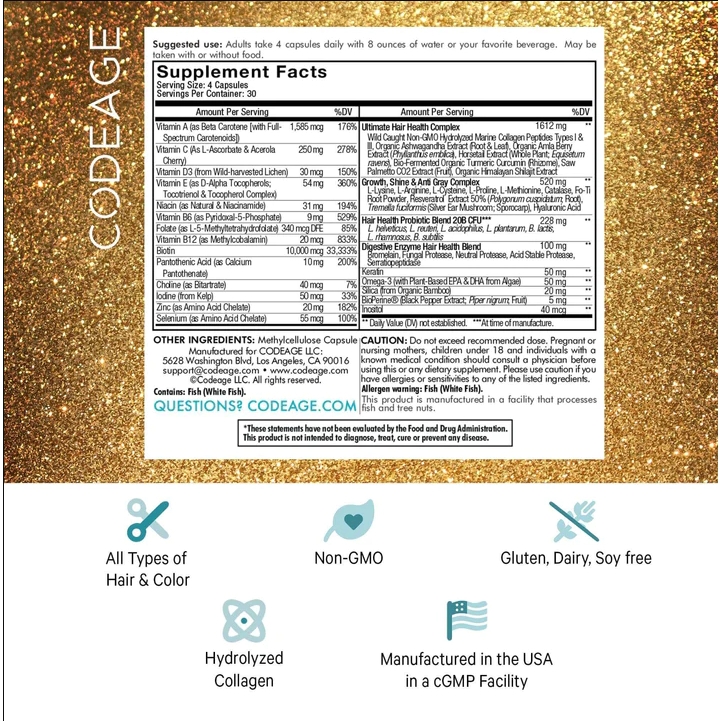 Viên uống kích thích mọc tóc, ngăn ngừa rụng tóc Codeage Hair Vitamins 120 viên