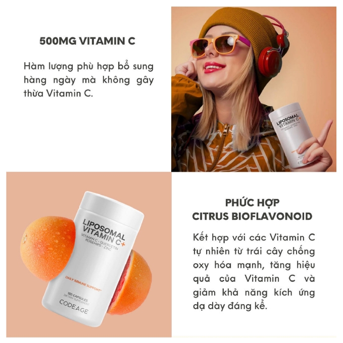 Viên uống vitamin C giúp tăng cường miễn dịch, chống oxy hóa CodeAge Vitamins Liposomal Vitamin C+ 180 viên