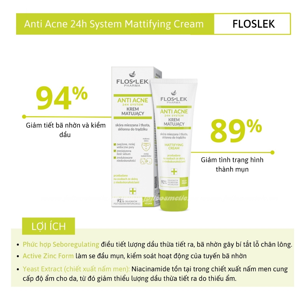 Kem dưỡng ẩm và kiểm soát dầu Floslek Anti Acne Mattifying Cream - 50ml-ba lan