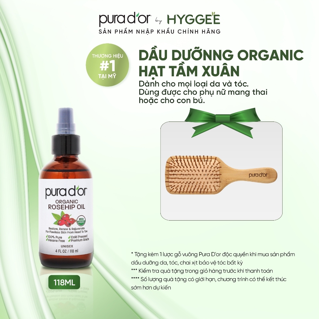 Dầu dưỡng hạt tầm xuân PURA D'OR Rosehip Seed Oil 118ml organic, hỗ trợ làm mờ vết rạn và mờ sẹo-mỹ