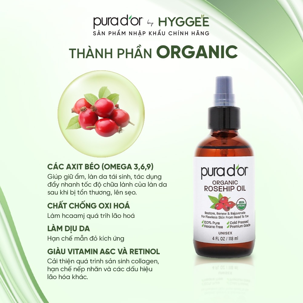 Dầu dưỡng hạt tầm xuân PURA D'OR Rosehip Seed Oil 118ml organic, hỗ trợ làm mờ vết rạn và mờ sẹo-mỹ