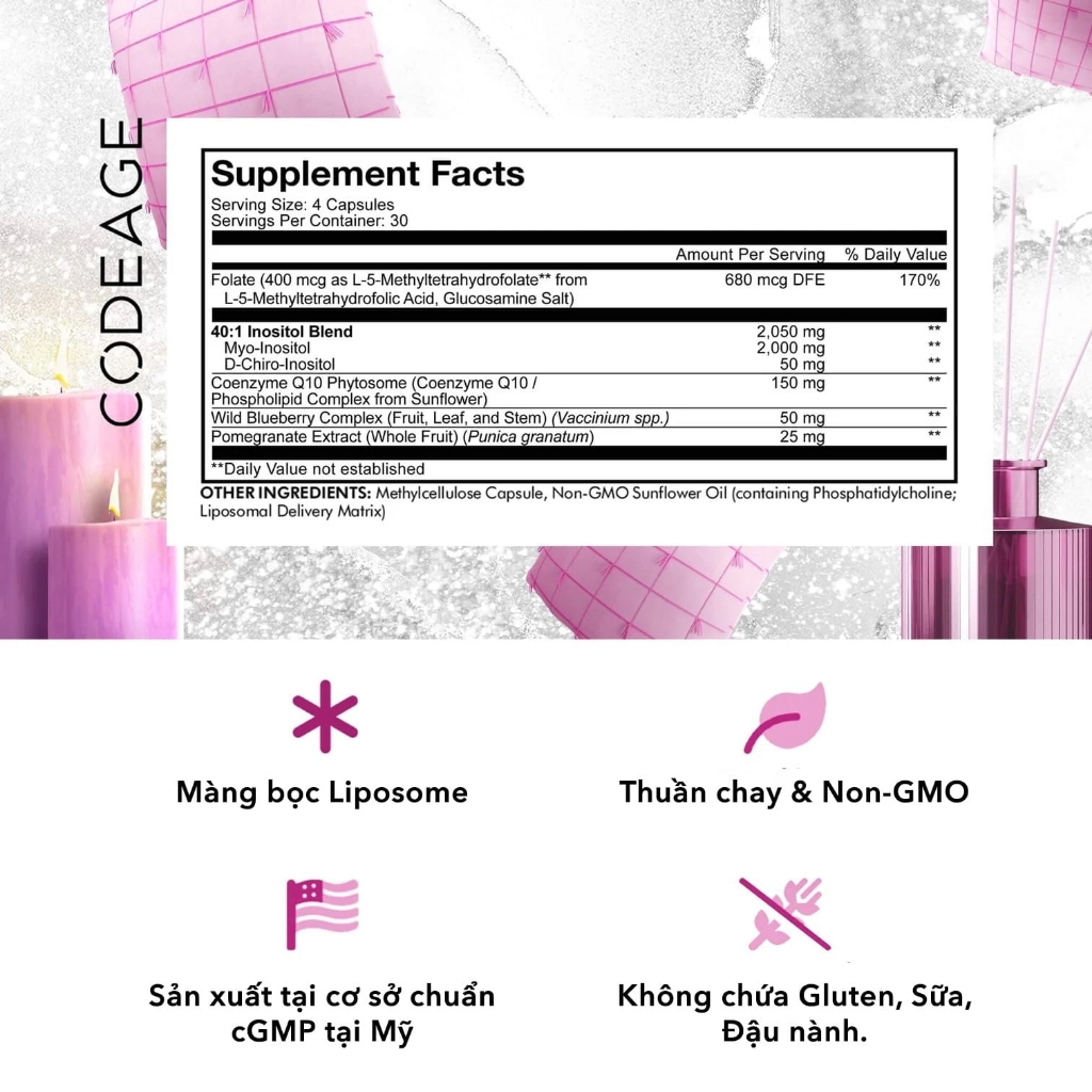 Viên uống cân bằng nội tiết tố Codeage Liposomal Ovarian Inositol 120 viên - beaute.superfood