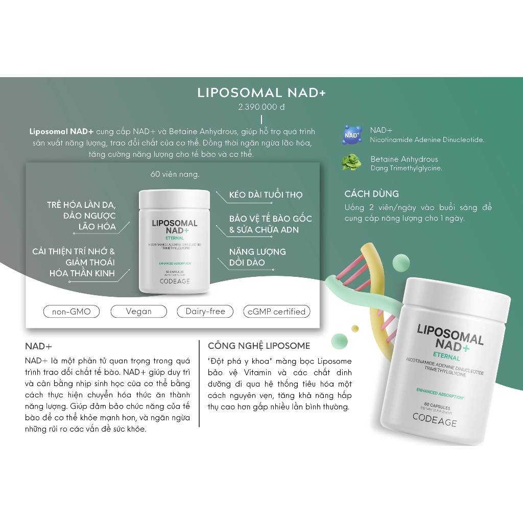 Viên Uống Codeage NAD+ Giúp Trẻ Hóa Đẹp Da, Tăng Cường Sức Khỏe Và Tuổi Thọ Codeage Liposomal NAD+