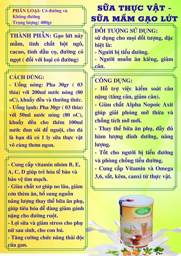 SỮA HẠT chay CAO CẤP SOYNA - THƯƠNG HIỆU VIỆT  LON 400g -Freeship