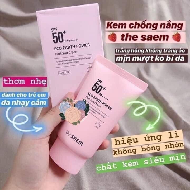 Kem chống nắng giúp da sáng hồng tự nhiên The Saem Eco Earth Power Pink Sun Cream SPF50+/PA