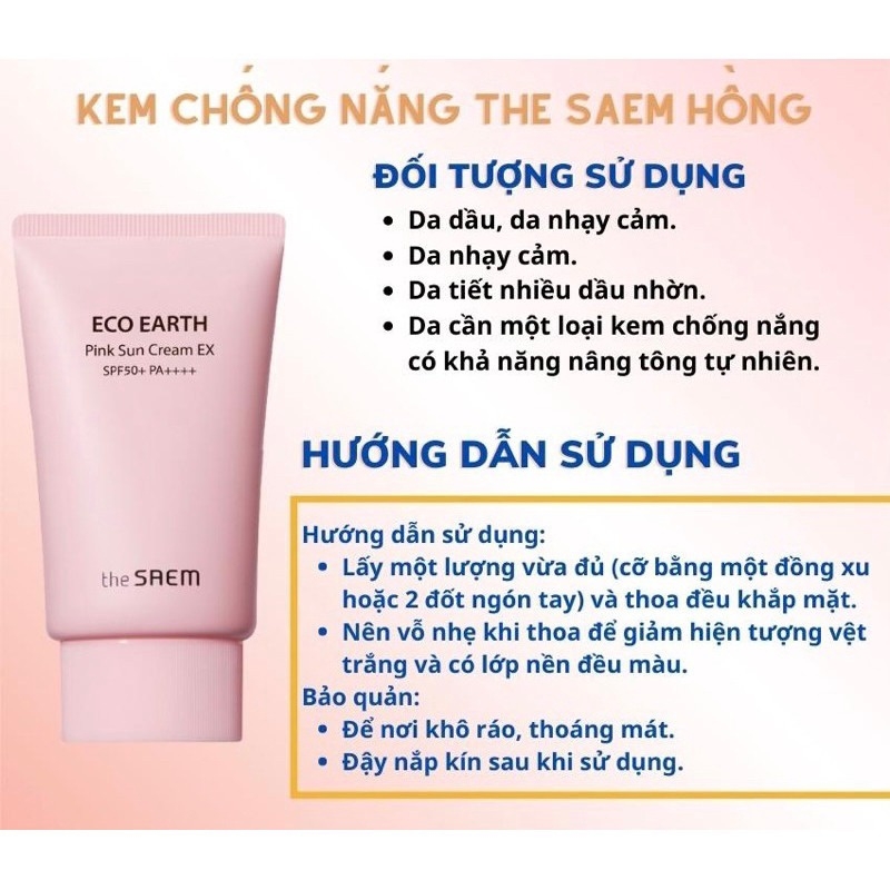 Kem chống nắng giúp da sáng hồng tự nhiên The Saem Eco Earth Power Pink Sun Cream SPF50+/PA