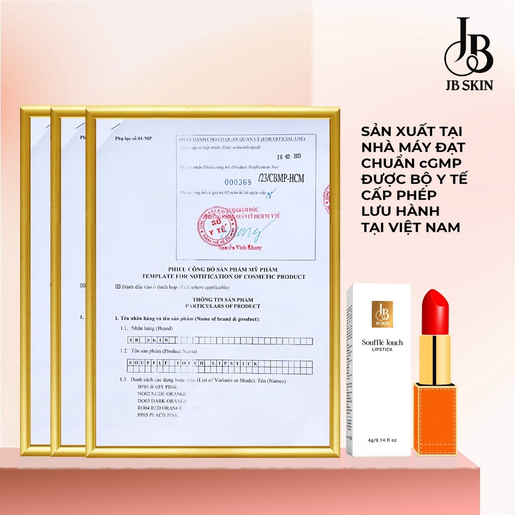 SON MÔI JB SKIN SOUFFLÉ TOUCH LIPSTICK 4G-  SON LÌ CÓ DƯỠNG CAO CẤP JBSKIN