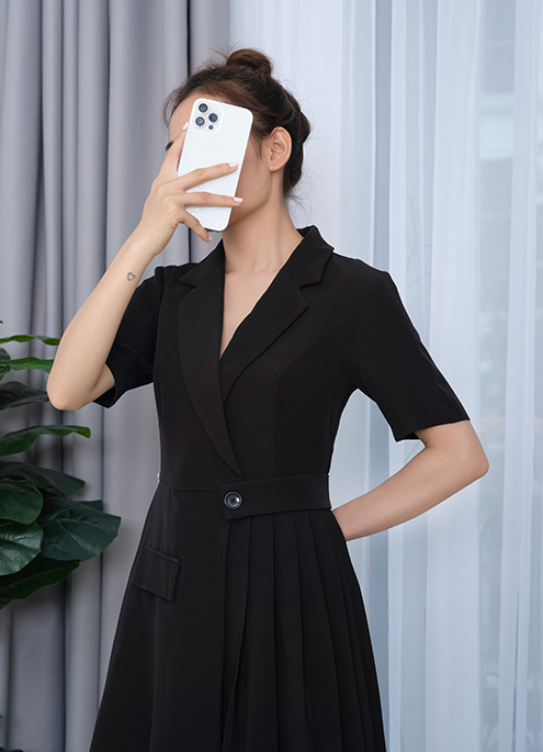 Set áo váy kiểu áo vest tay dài chân váy xếp ly  Đen   AlvinStoreVn