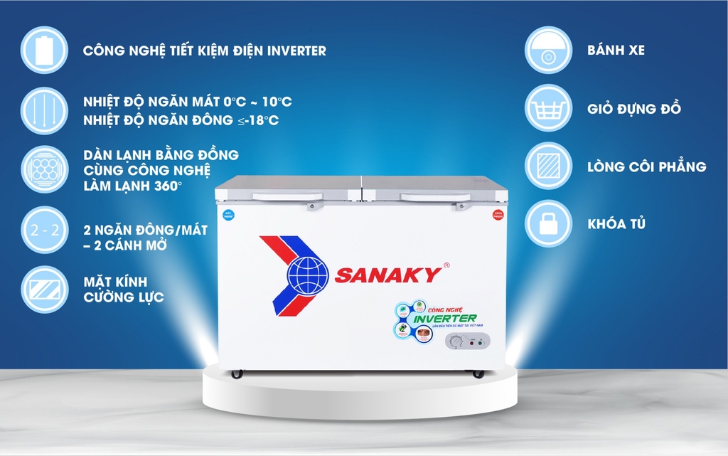 Tủ Đông Sanaky mặt kính cường lực  Inverter 260 LÍT VH-3699W4K