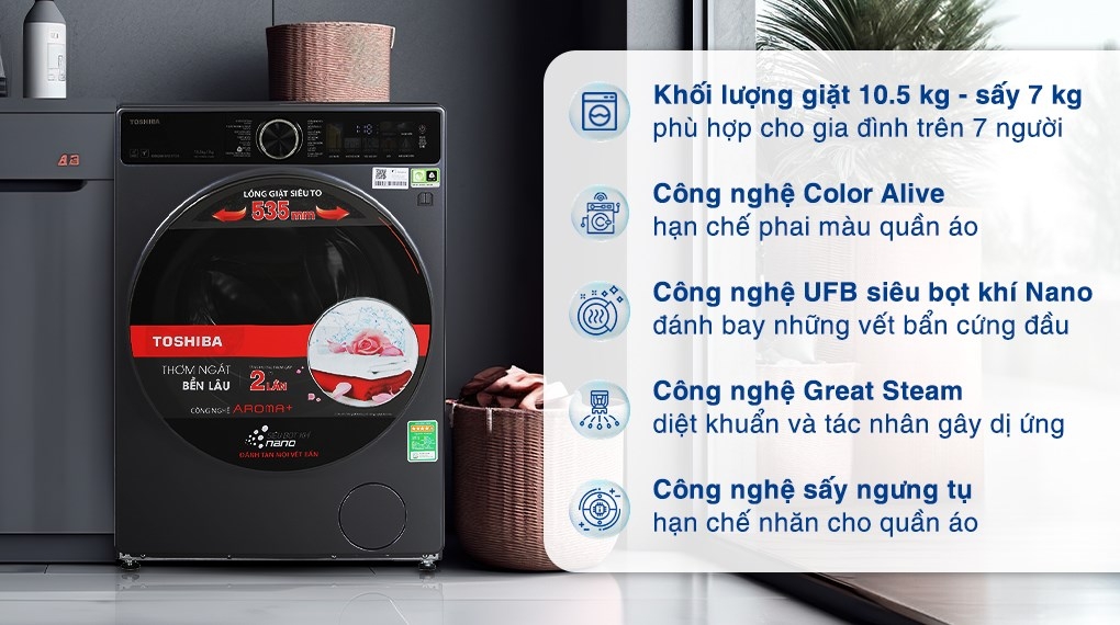 Máy giặt sấy Toshiba 10.5/7Kg TWD-T25BZU115MWV(MG)