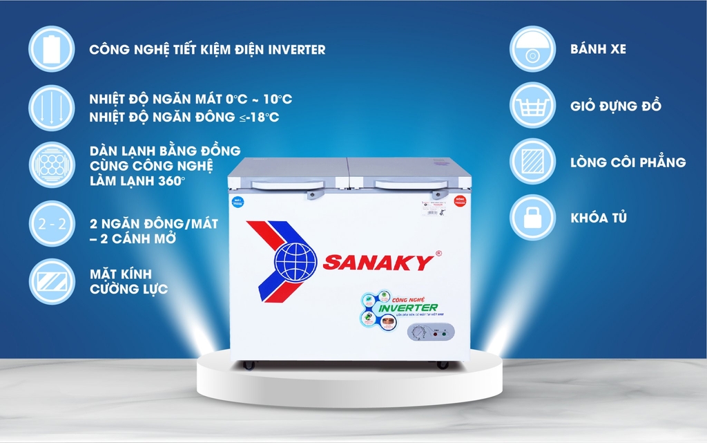 Tủ Đông mát mặt kính cường lực Sanaky Inverter 195 lít VH-2599W4K