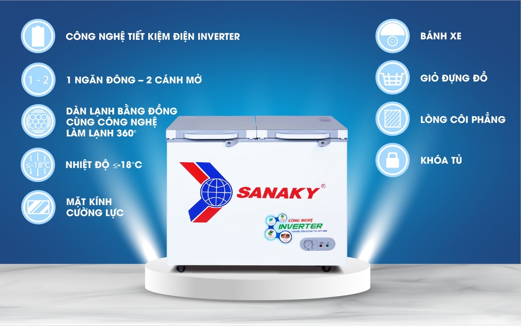 Tủ Đông Sanaky mặt kính cường lực Inverter 208lít VH-2599A4K