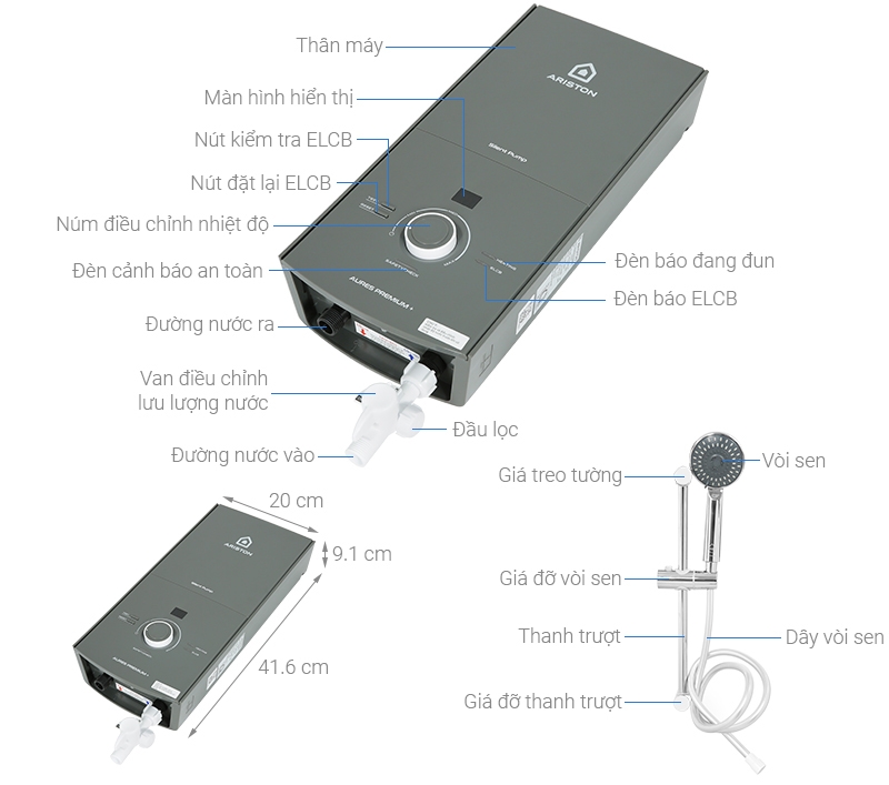 Máy tắm nước nóng trực tiếp Ariston 4500W AURES PREMIUM+ 4.5P