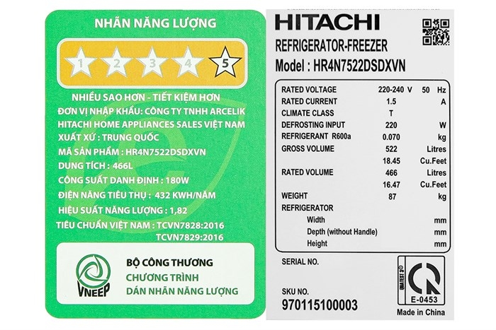 Tủ lạnh Hitachi Inverter 466 lít HR4N7522DSDXVN