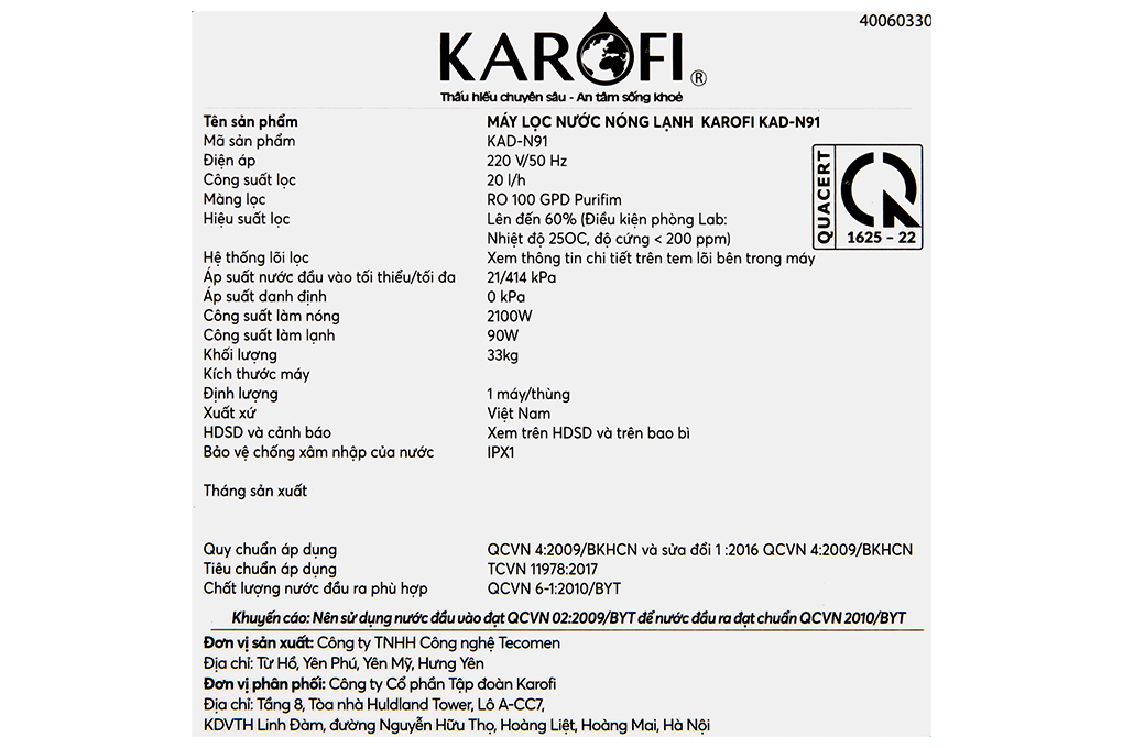 Máy lọc nước RO Karofi KAD-N91 (nóng - nguội - lạnh/ 10 lõi)