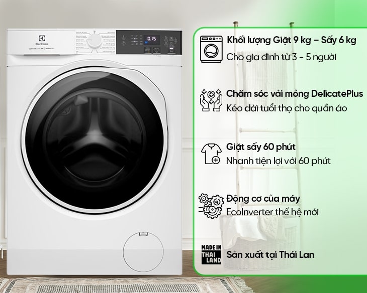 Máy giặt sấy Electrolux 9/6 kg EWW9024P3WC MỚI 2024