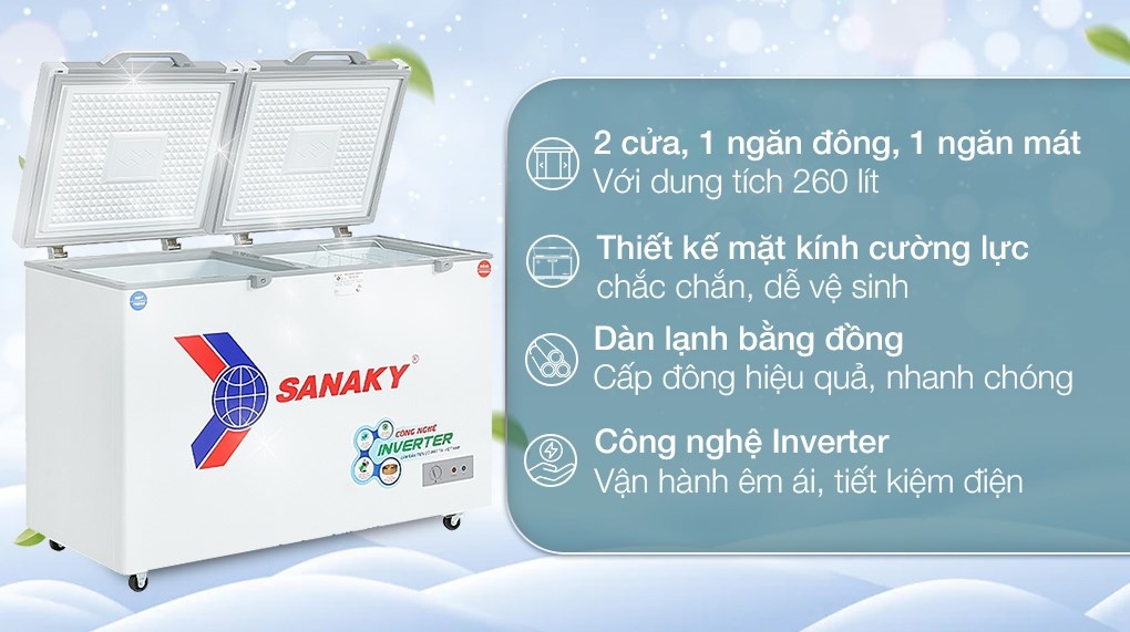 Tủ Đông Sanaky mặt kính cường lực  Inverter 260 LÍT VH-3699W4K