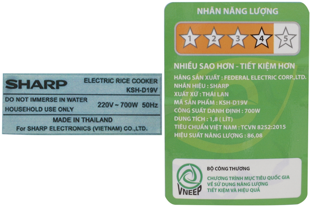 Nồi cơm nắp rời Sharp 1.8 lít KSH-D19V (Màu ngẫu nhiên)