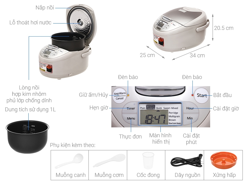 Nồi cơm điện tử Tiger 1 lít JAX-S10W