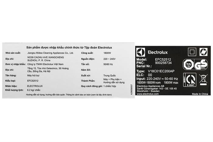 Máy hút bụi Electrolux 1800W EFC52512 Mới 2025