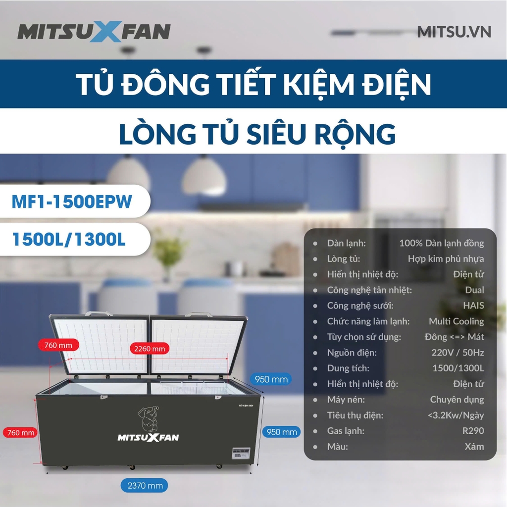 TỦ ĐÔNG MITSUXFAN 1 NGĂN DÀN LẠNH ĐỒNG 1500/1300L - MF1-1500EPW