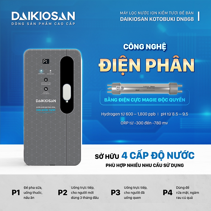 Máy lọc nước ion kiềm tươi để bàn Daikiosan DN868