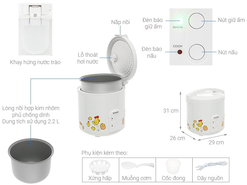 Nồi cơm nắp gài Sharp 2.2 lít KS-223TJV-CH