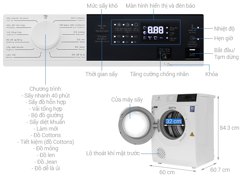 Máy sấy quần áo Electrolux 8 kg EDV804H3WC (Sấy thông hơi )