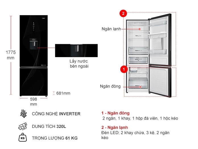 Tủ lạnh Aqua Inverter 320 lít AQR-B380MA(WGP)U1